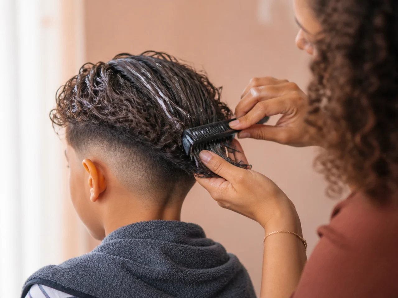 A parent combing conditioner through a boy's long curls