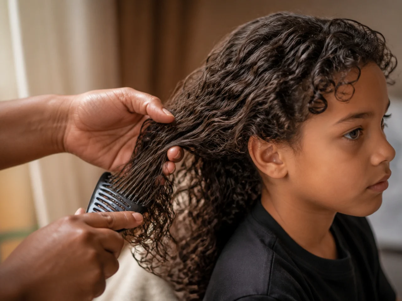 A parent detangling a boy's long curls from the ends