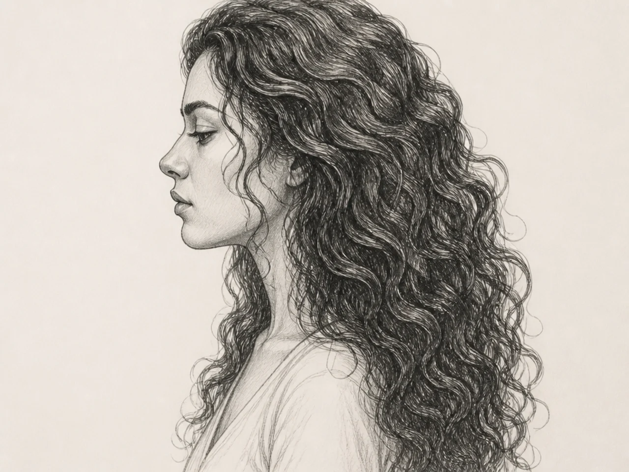 Long curly hair in profile