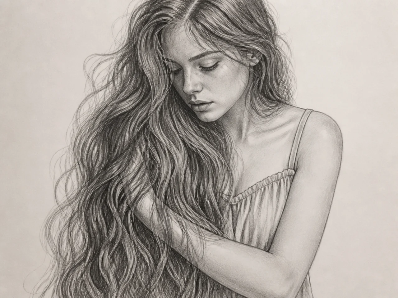 Long hair falling across the body