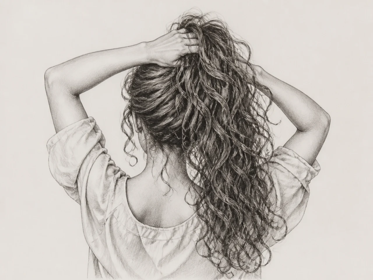 Long curly hair being gathered up
