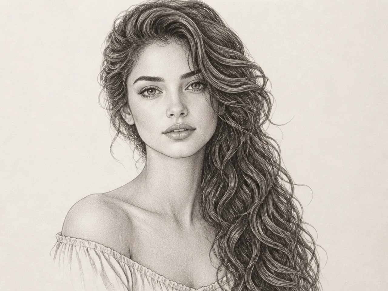 Long curls gathered over one shoulder