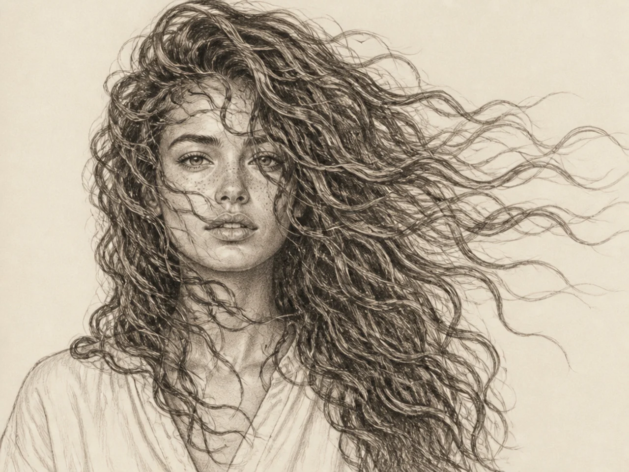 Long curly hair blown by wind