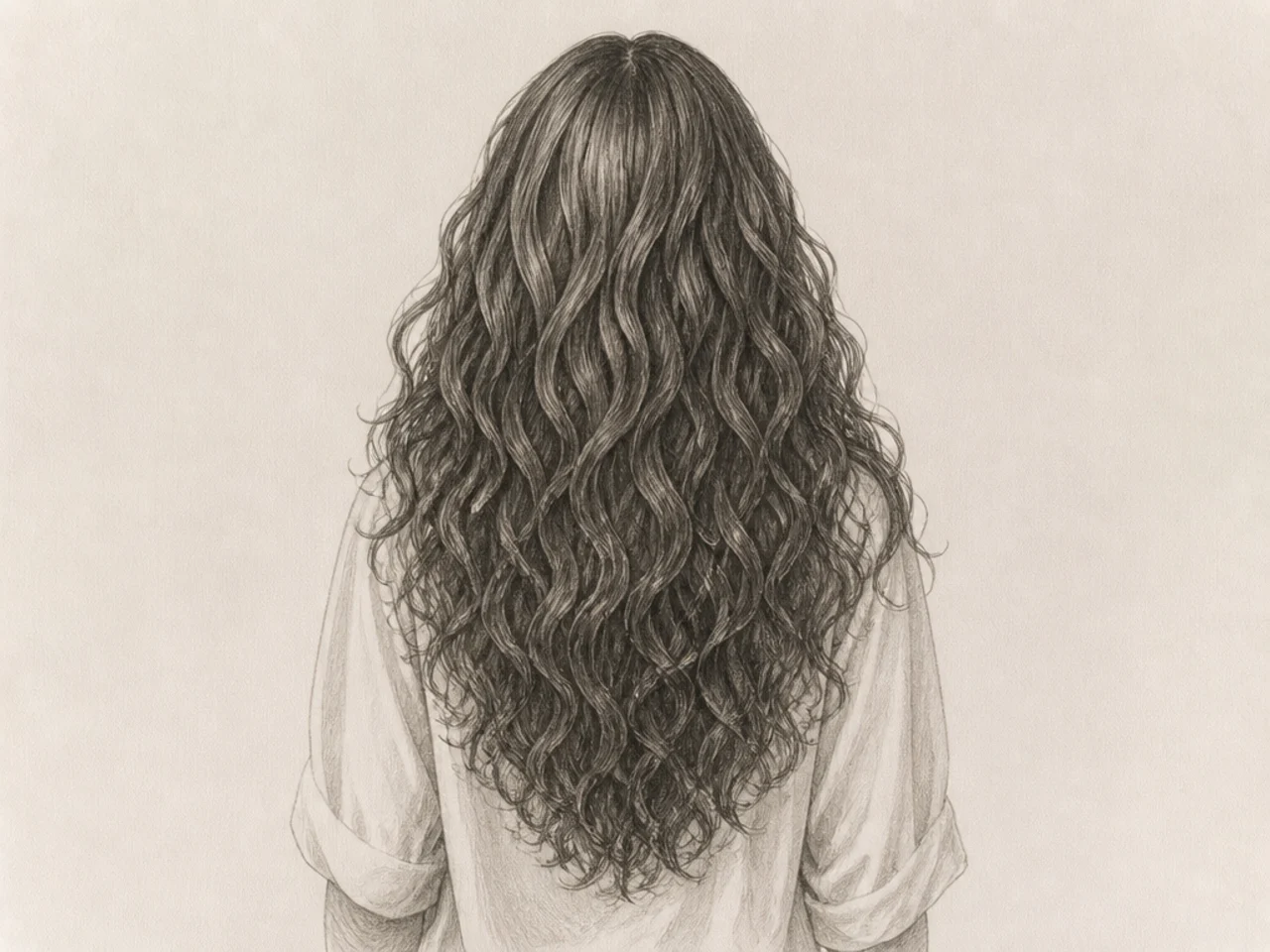 Long curly hair drawn from behind