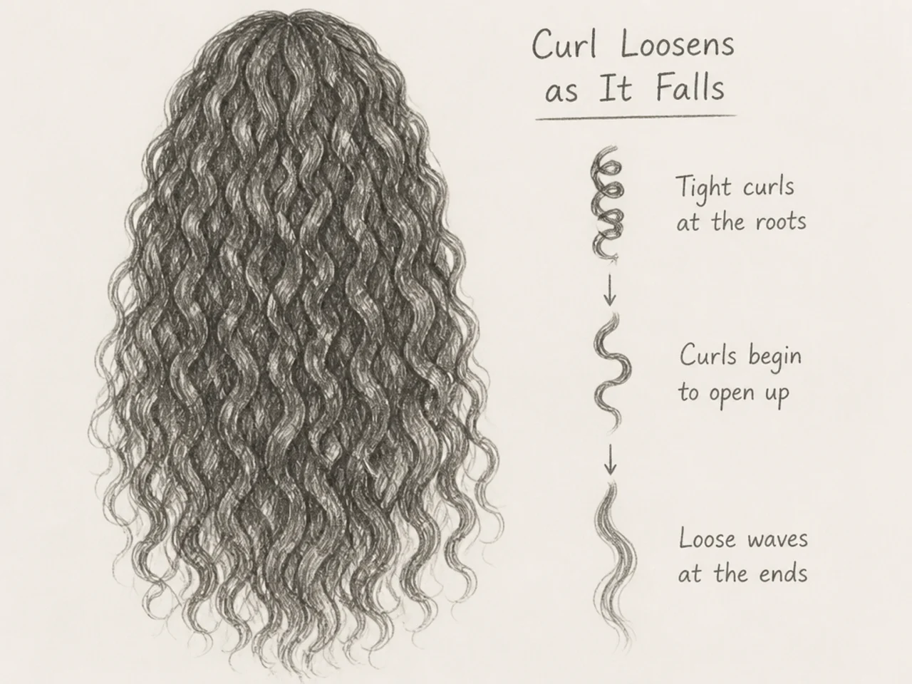 Tight curl at the roots opening out toward the ends