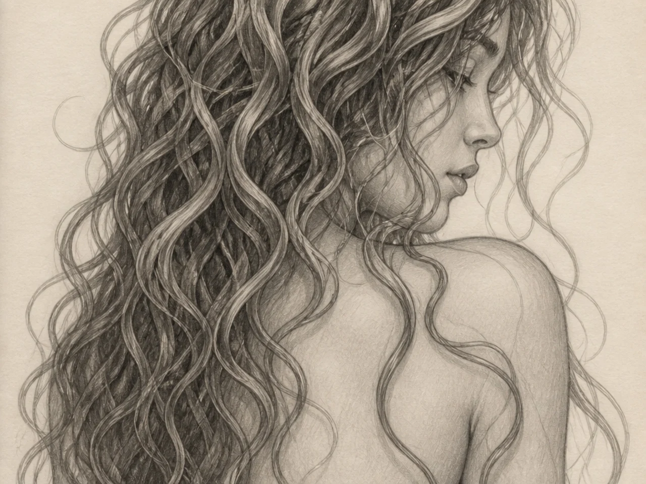 Hair clumps overlapping in front of and behind a shoulder