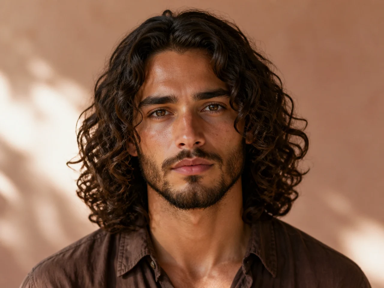 A man with curly hair at collarbone length