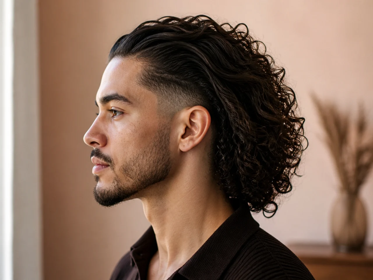 A man with long curls pushed back off his face