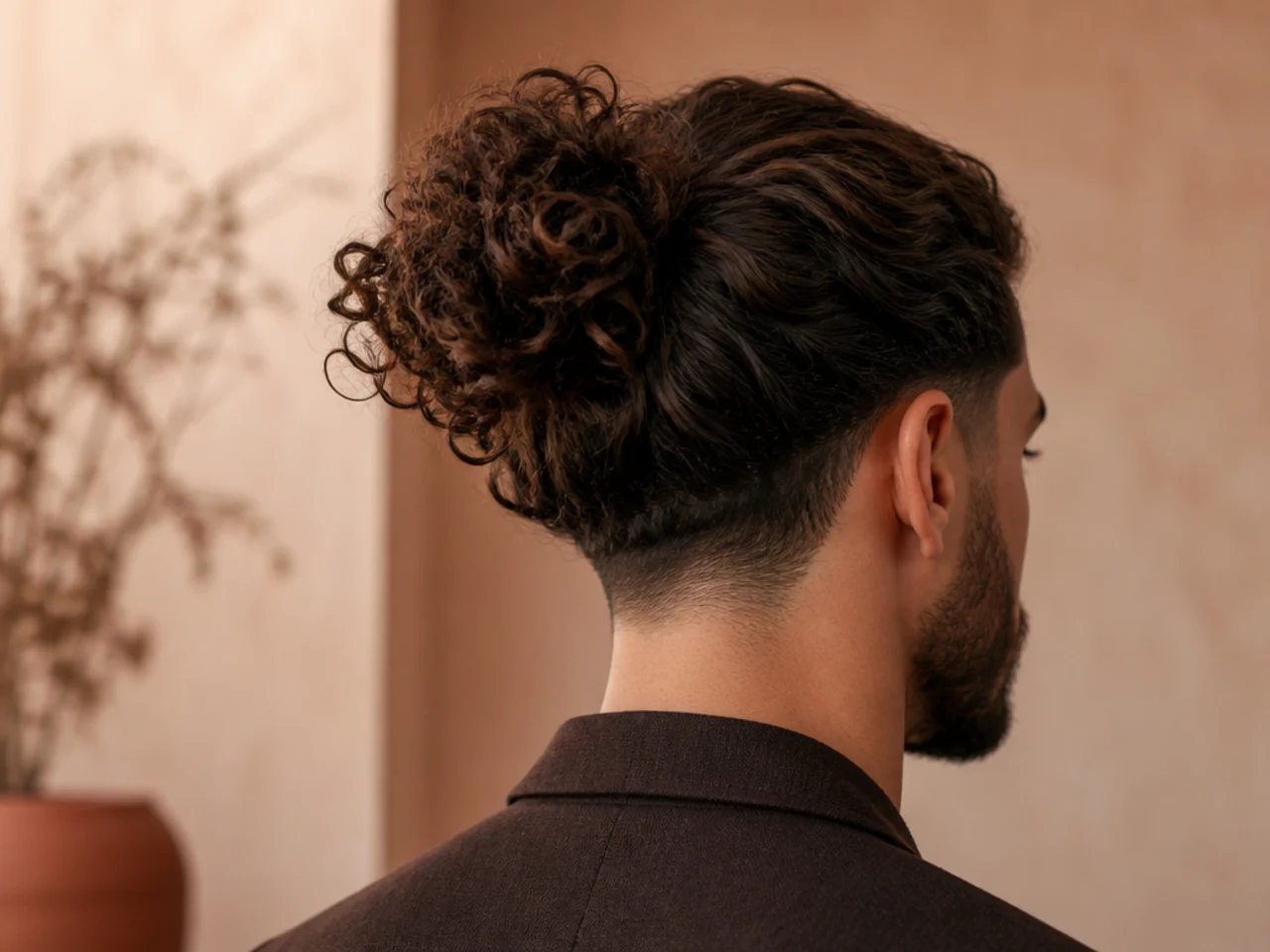 A man with long curls tied in a bun