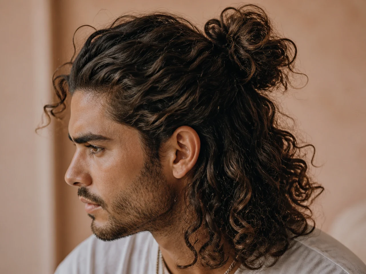 A man with long curls tied half up