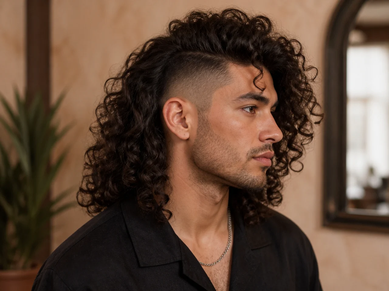 Side view of a man with long curly hair