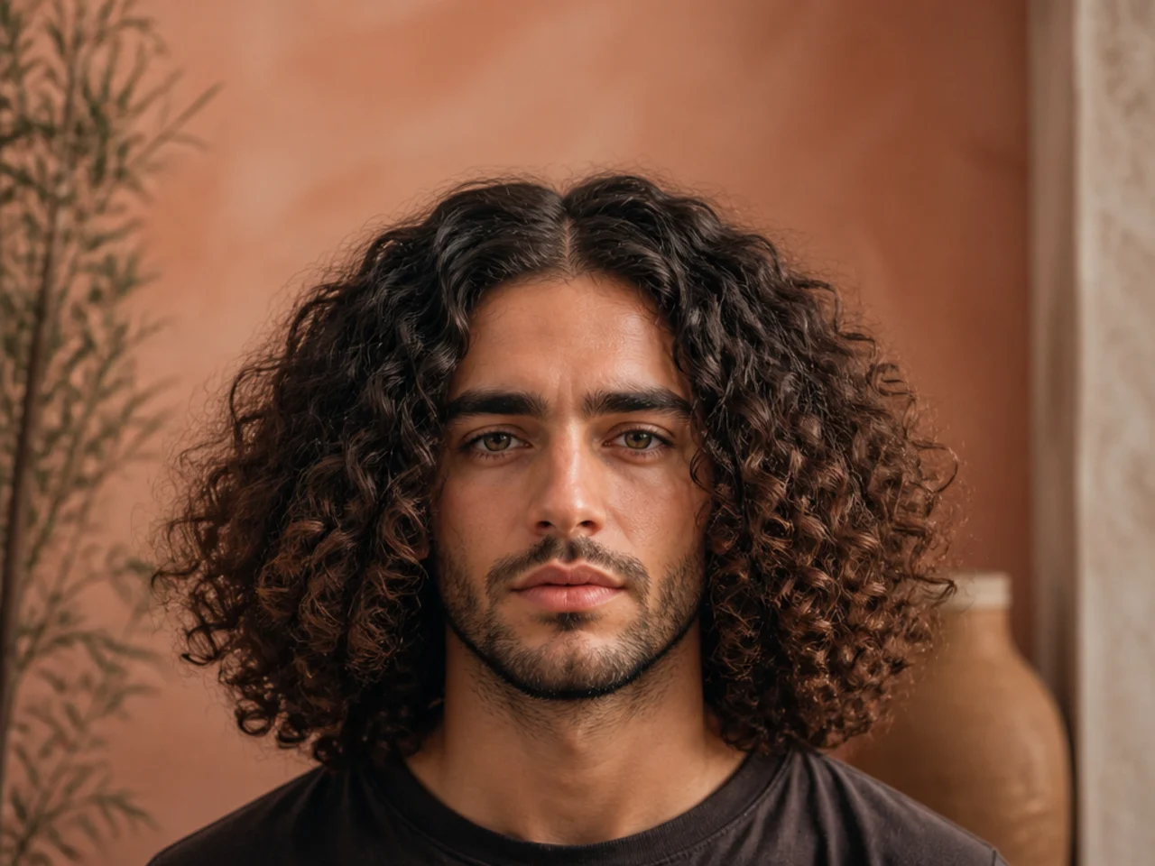 Long curly hair widening into a triangle shape
