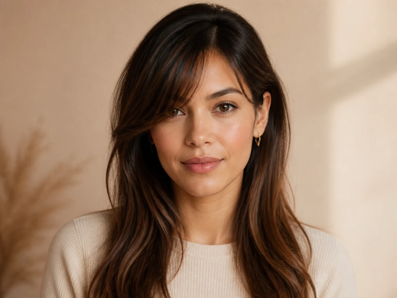 A long fringe tucked behind one ear