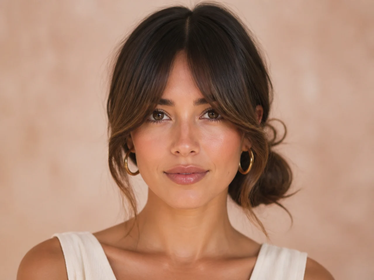A long fringe worn with a low bun