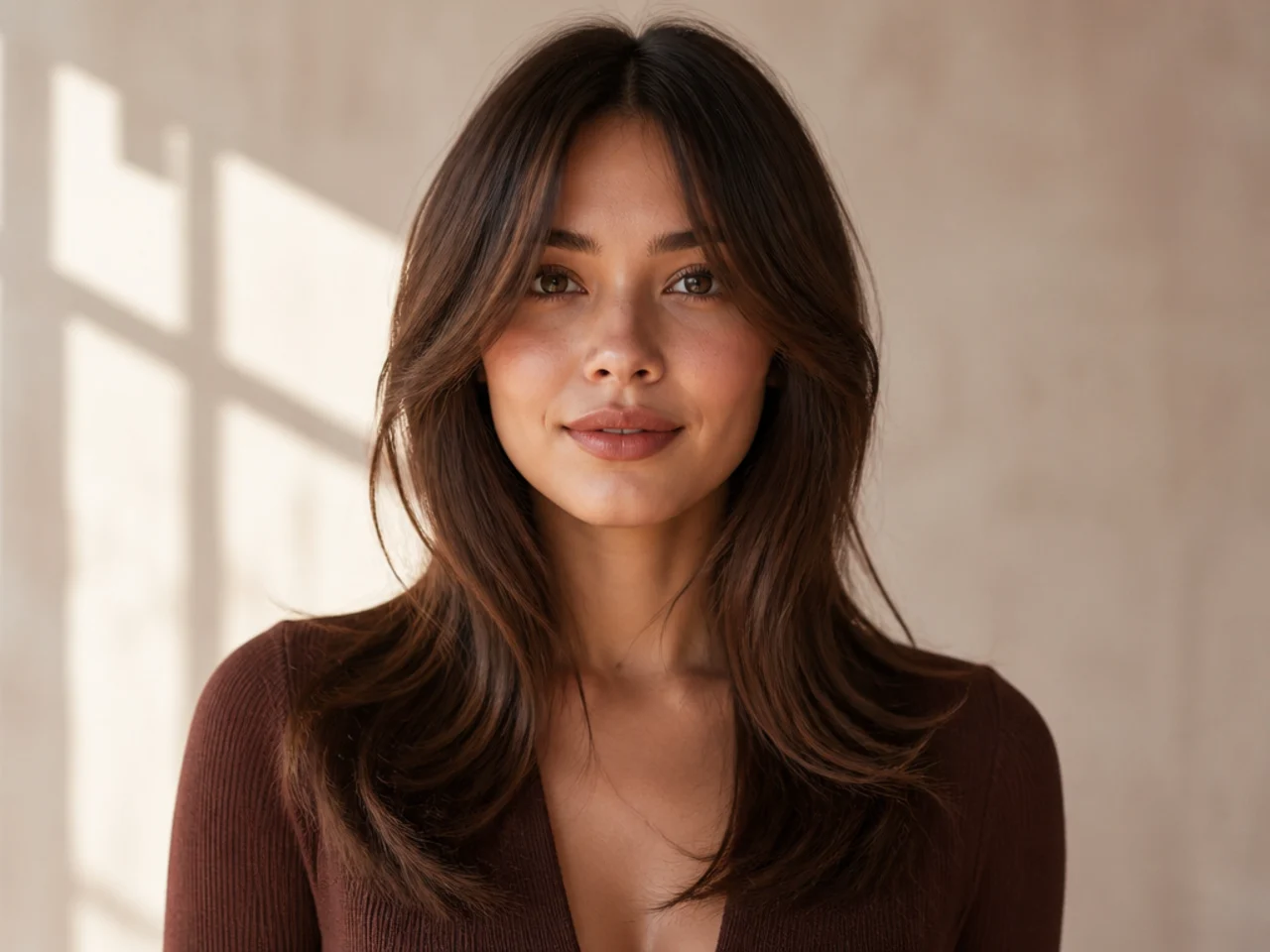 A long fringe grown out into face-framing layers