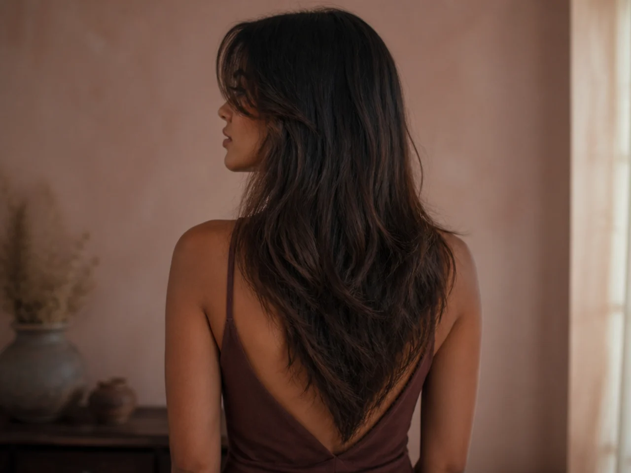 Long hair cut to a V shaped point at the back with curtain bangs