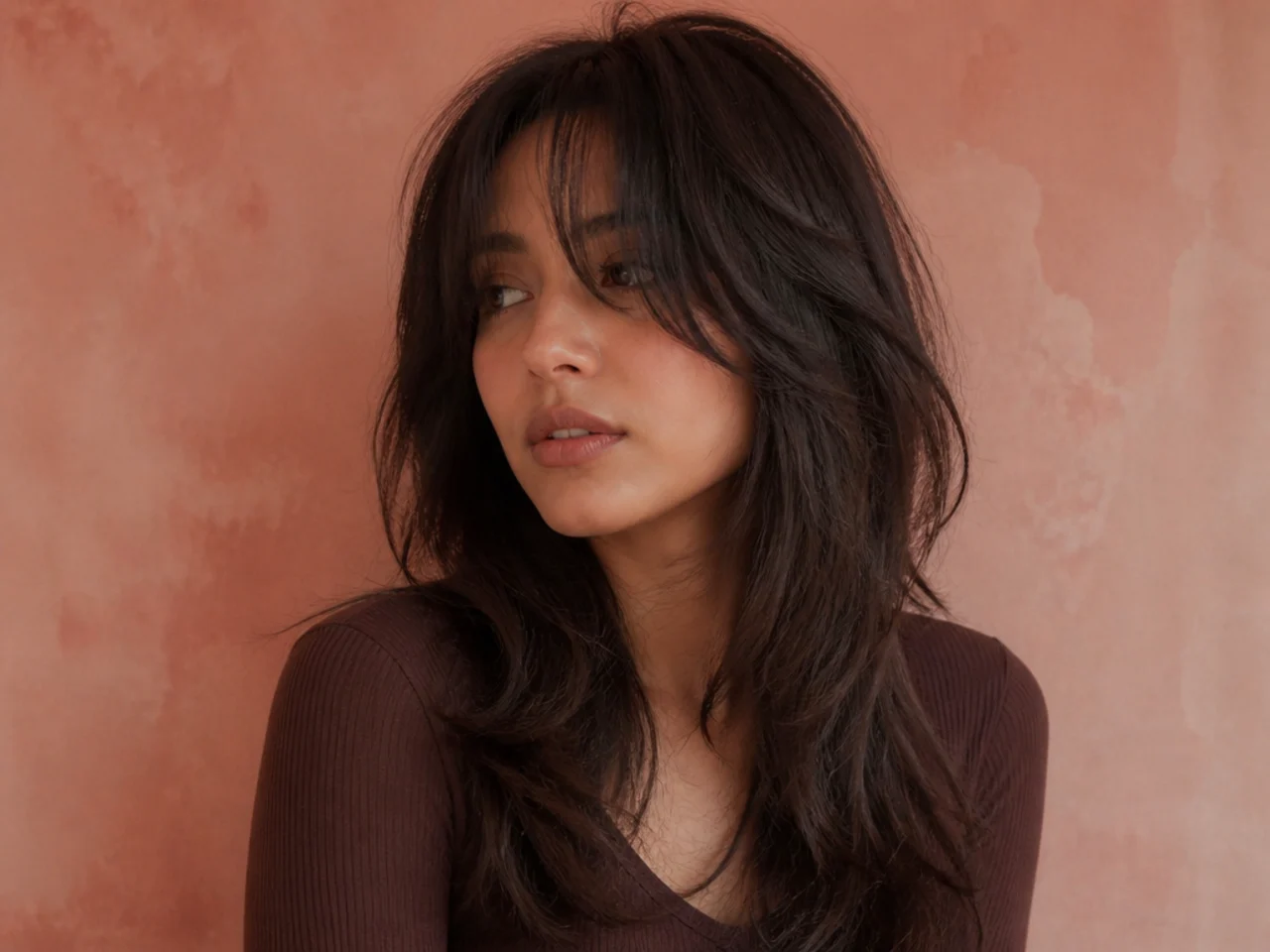 A long shag haircut with stacked layers and connected curtain bangs