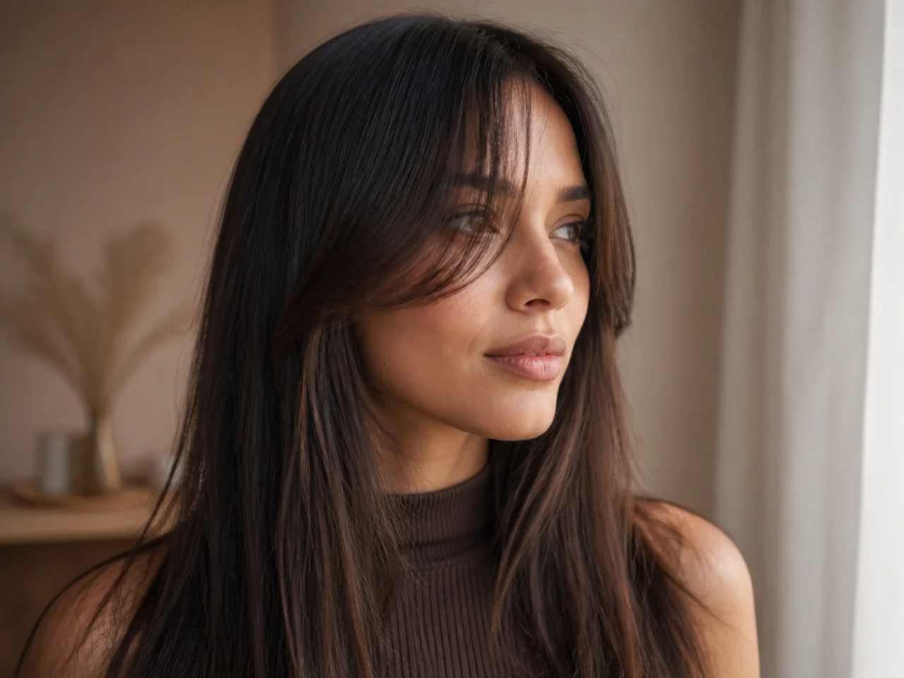Straight long hair with precisely graded curtain bangs