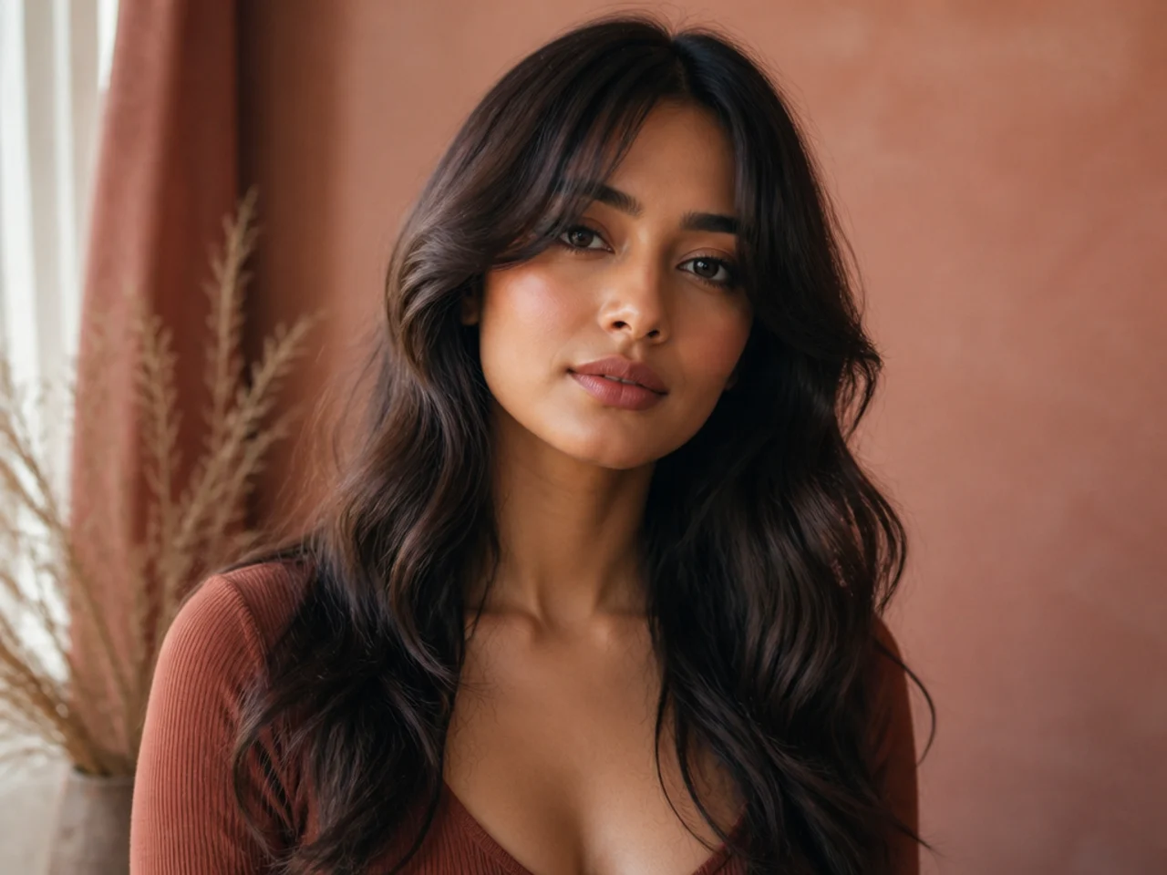 Wavy long hair with curtain bangs bending away from the face