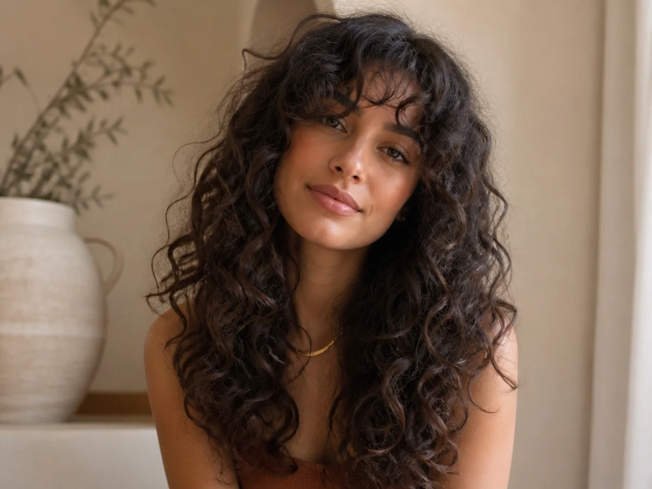 Curly long hair with defined curtain bangs cut dry