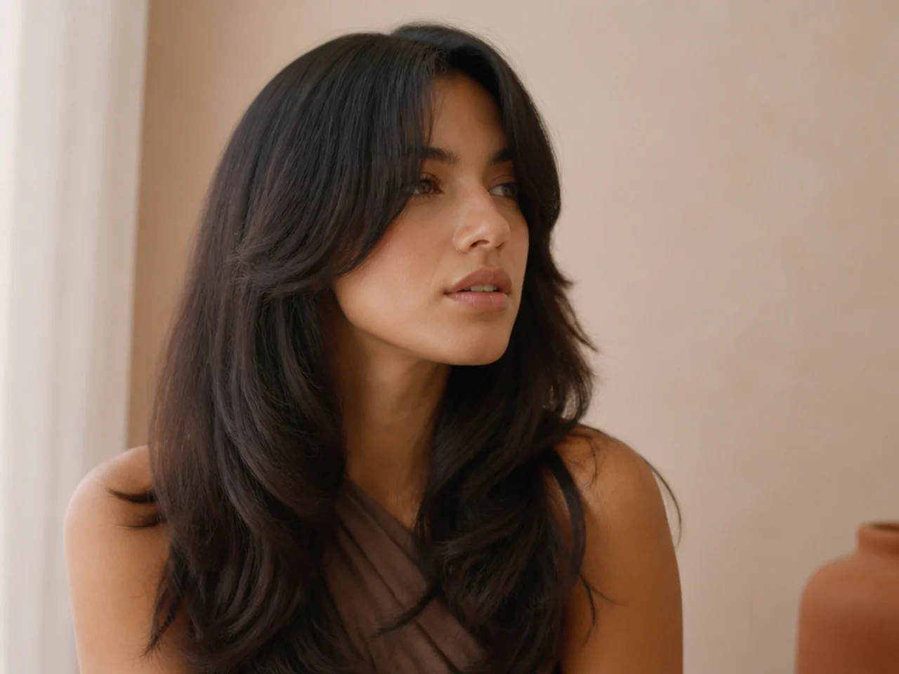 Thick long hair with a deep sectioned curtain fringe lying flat