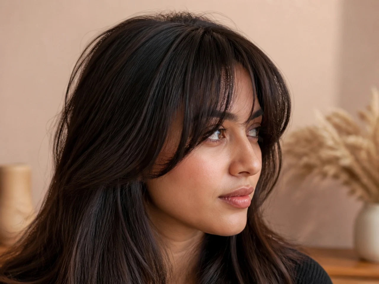 Curtain bangs cut to follow a cowlick at the front hairline