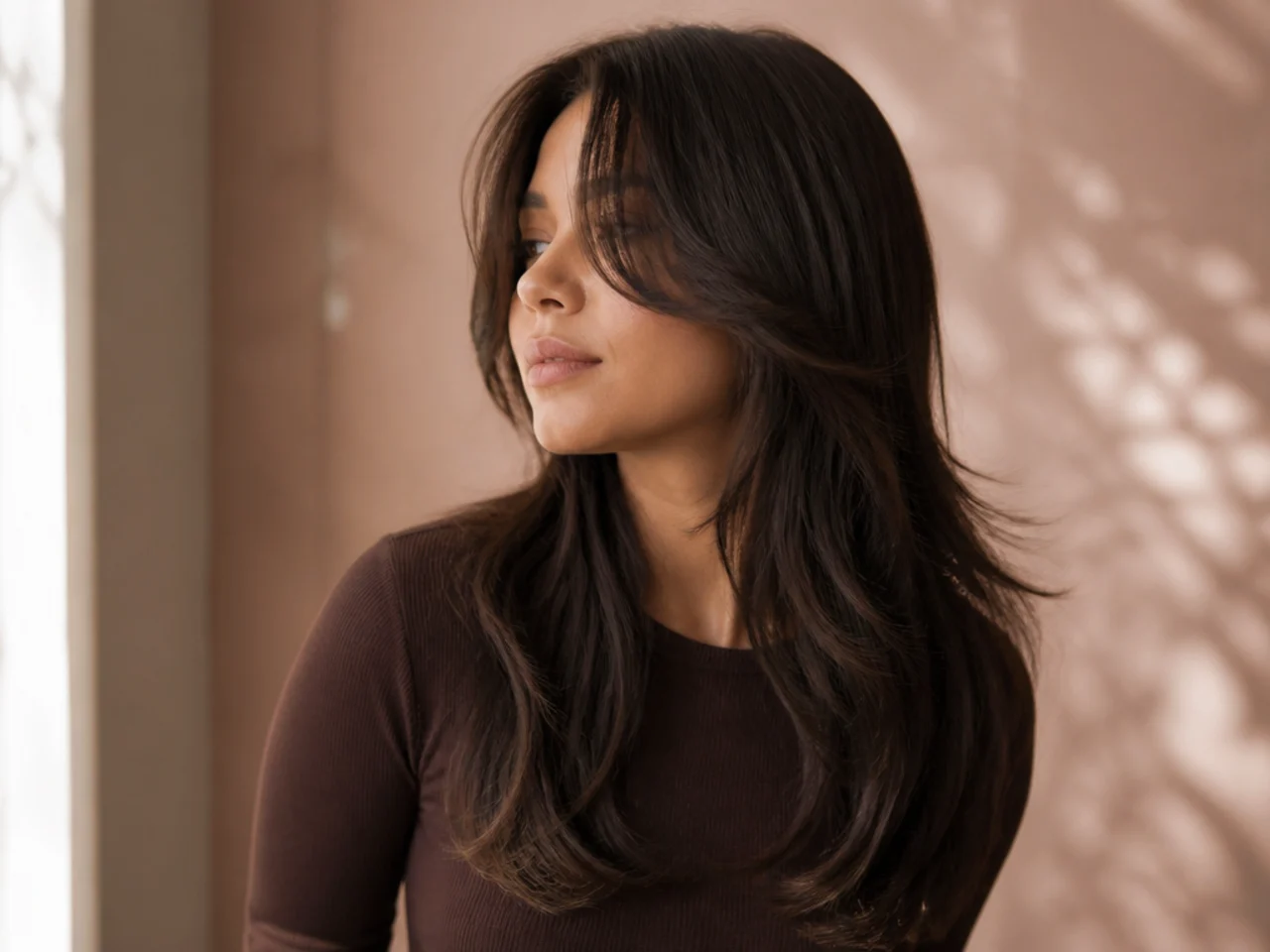Long layered hair with curtain bangs ending level with the nose