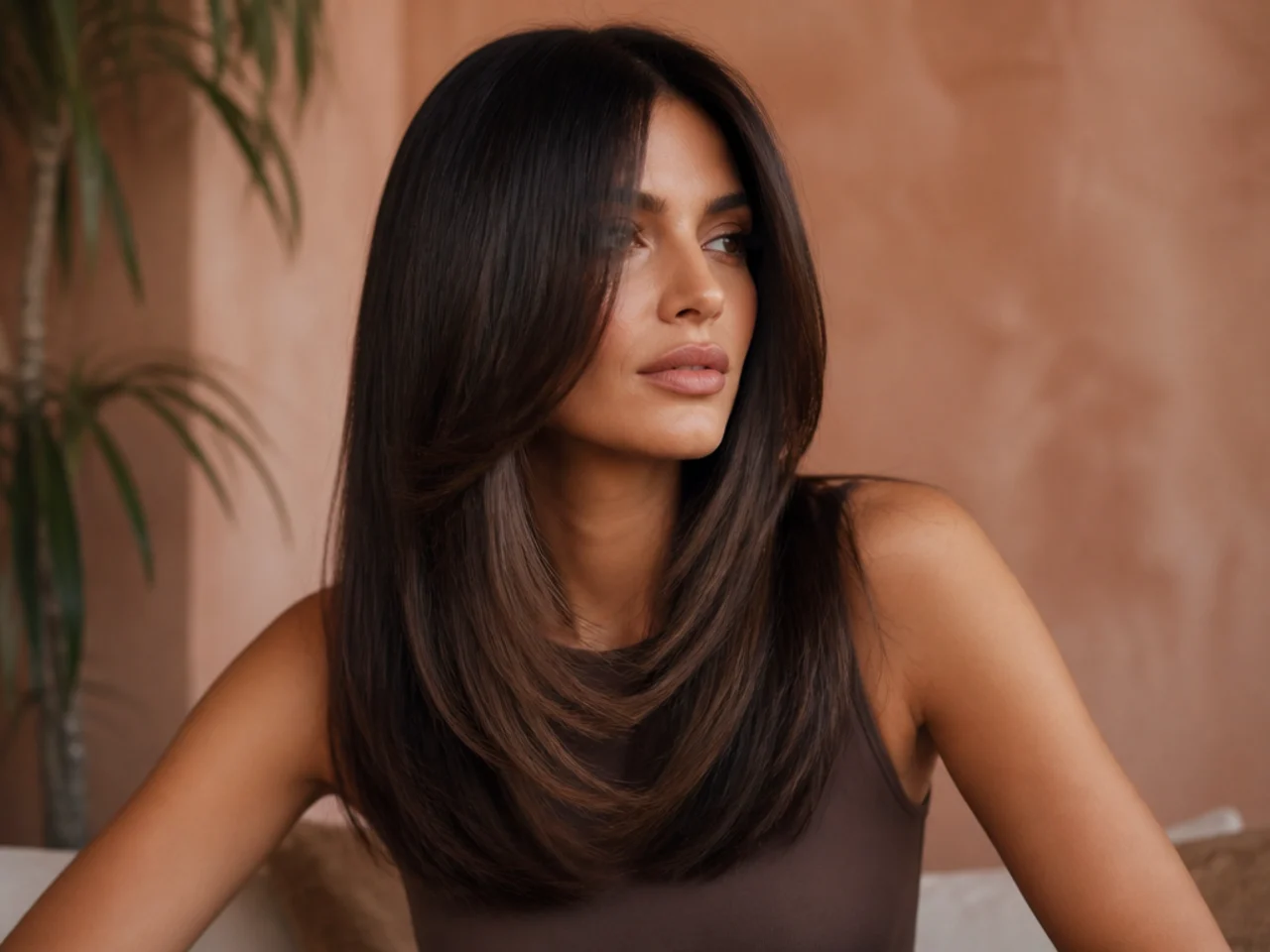 Long layered hair with a blunt straight cut perimeter