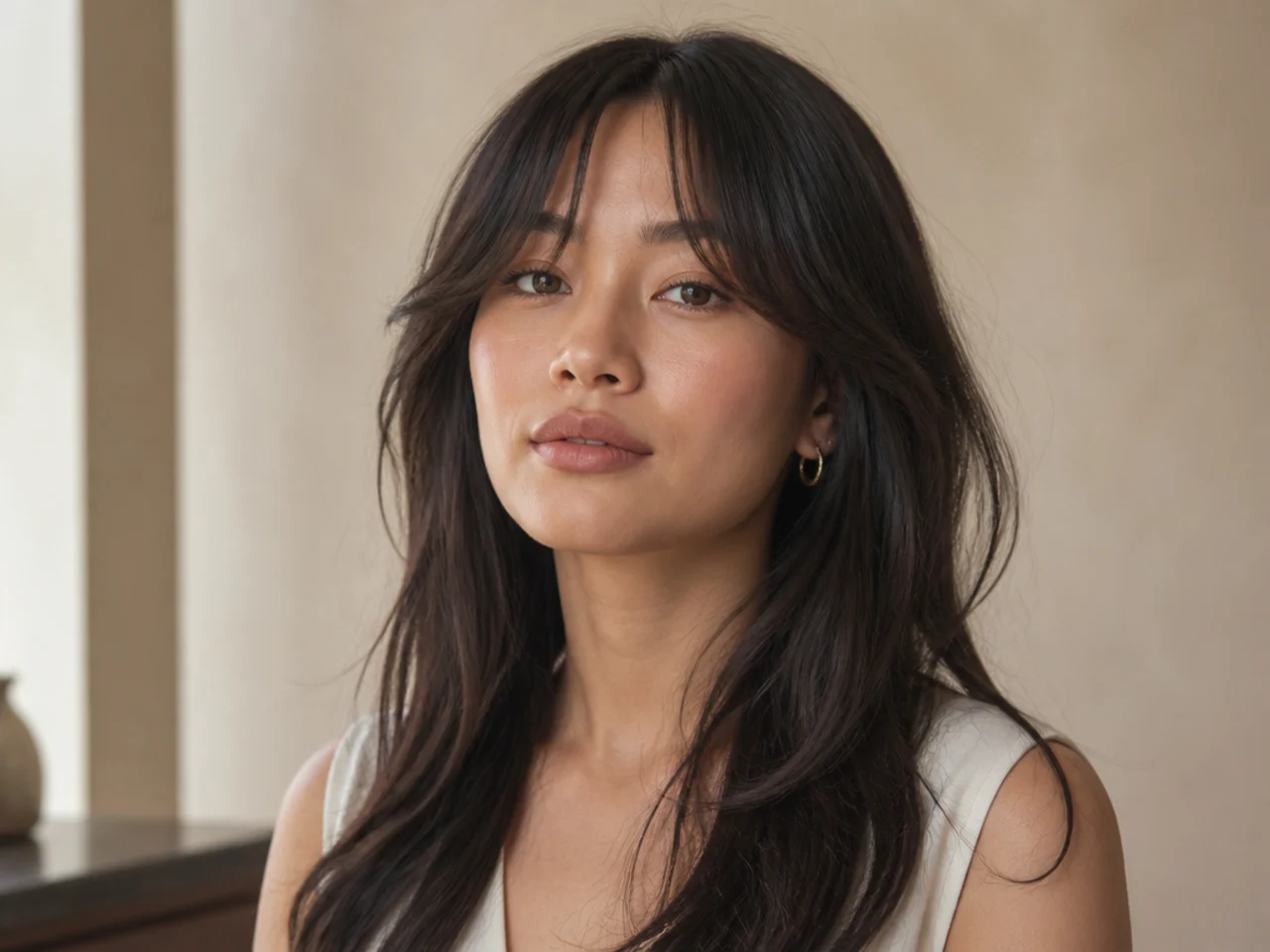 A grown out blunt fringe recut into a split curtain shape