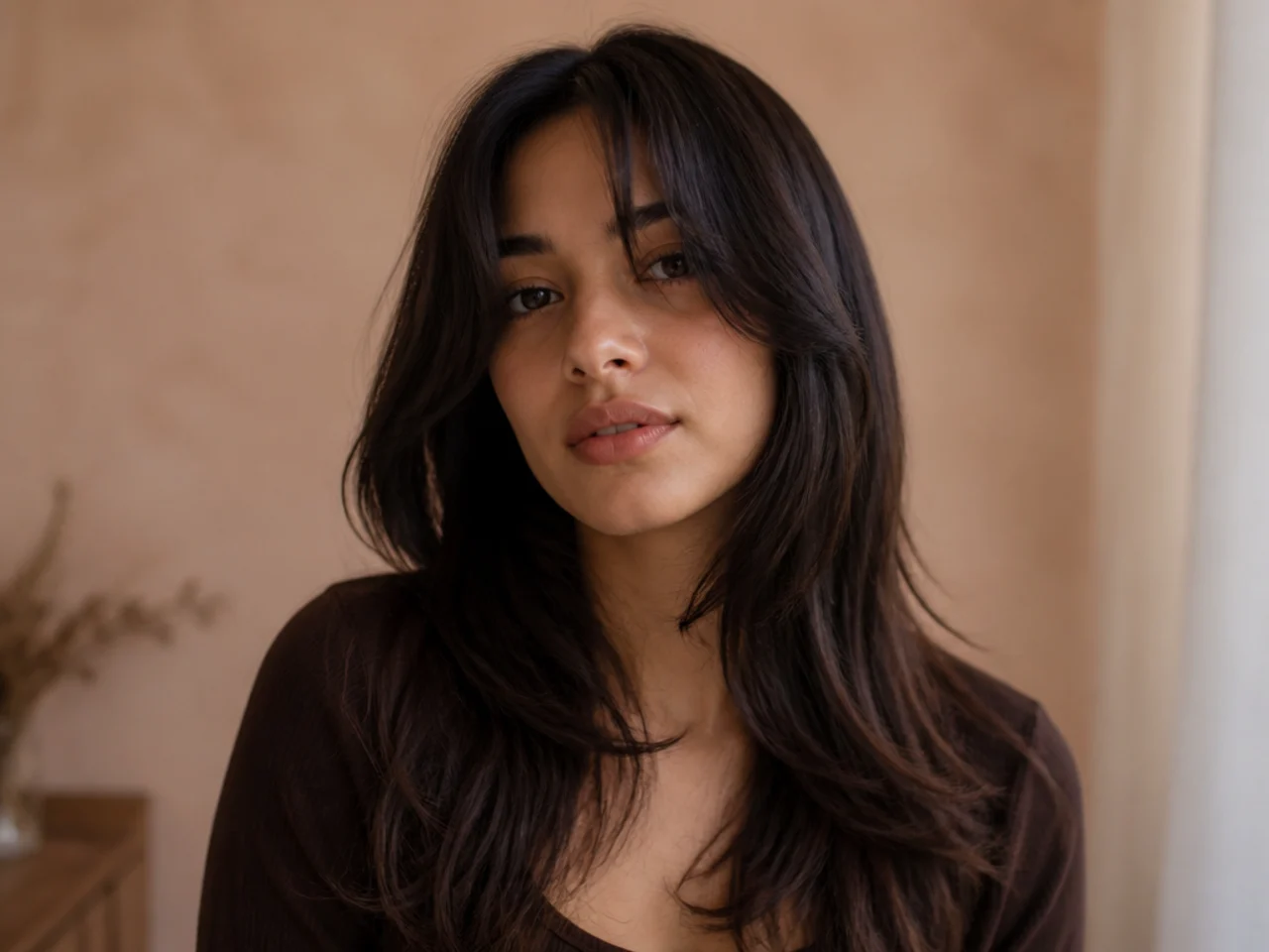 Long hair with soft chin length curtain bangs blending into the framing