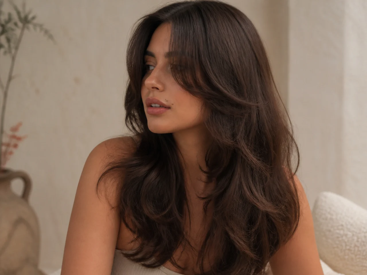 Long hair with curtain bangs whose shortest point falls at lip level