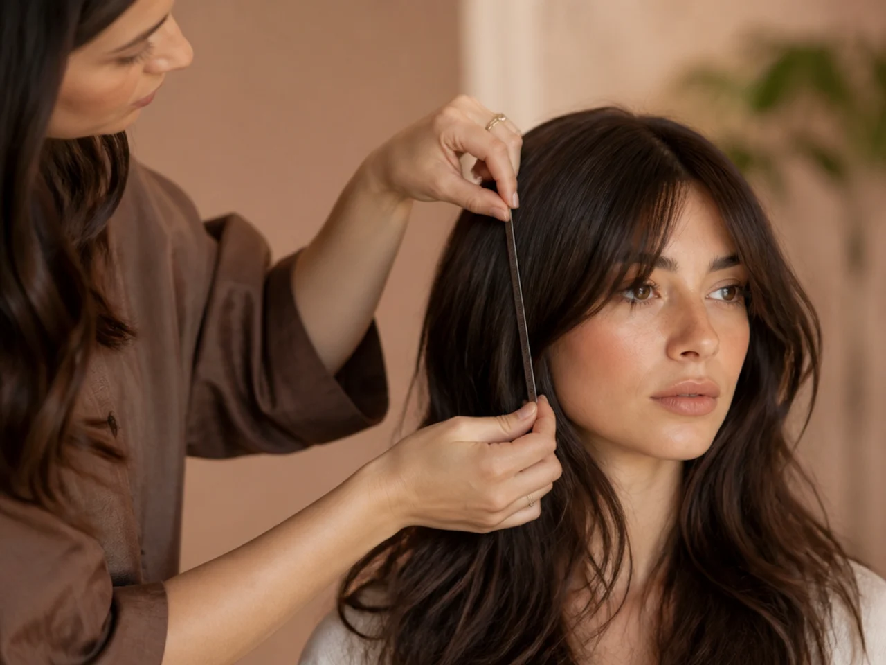 A stylist measuring the inner edge of a curtain fringe against a cheekbone