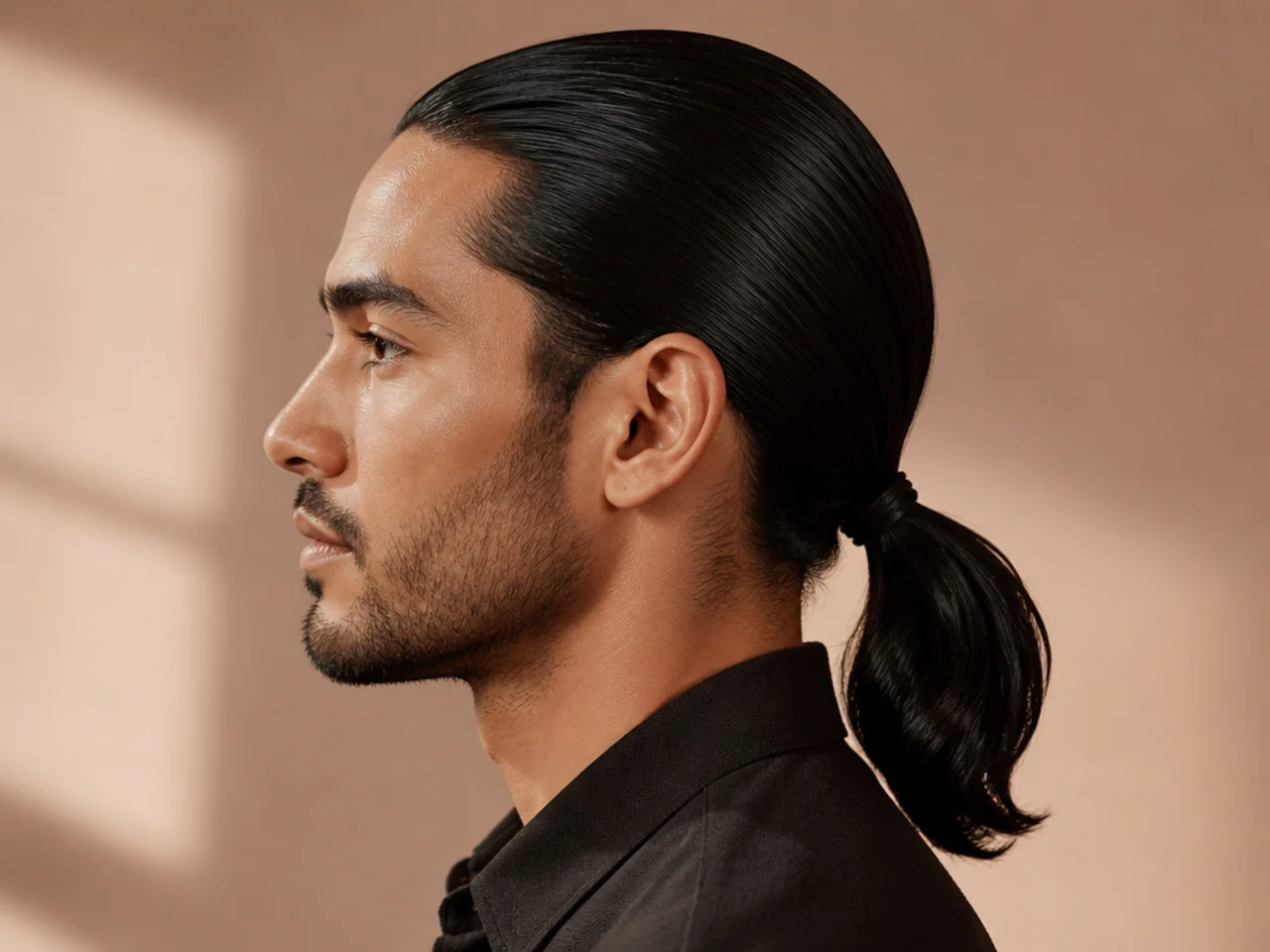Young man with long dark hair gathered into a low ponytail at the nape with a few soft face-framing pieces loose at the temples