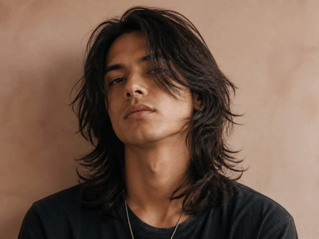 Young man with long wavy shag haircut with heavy piecey layers and a curtain fringe, grunge rock aesthetic