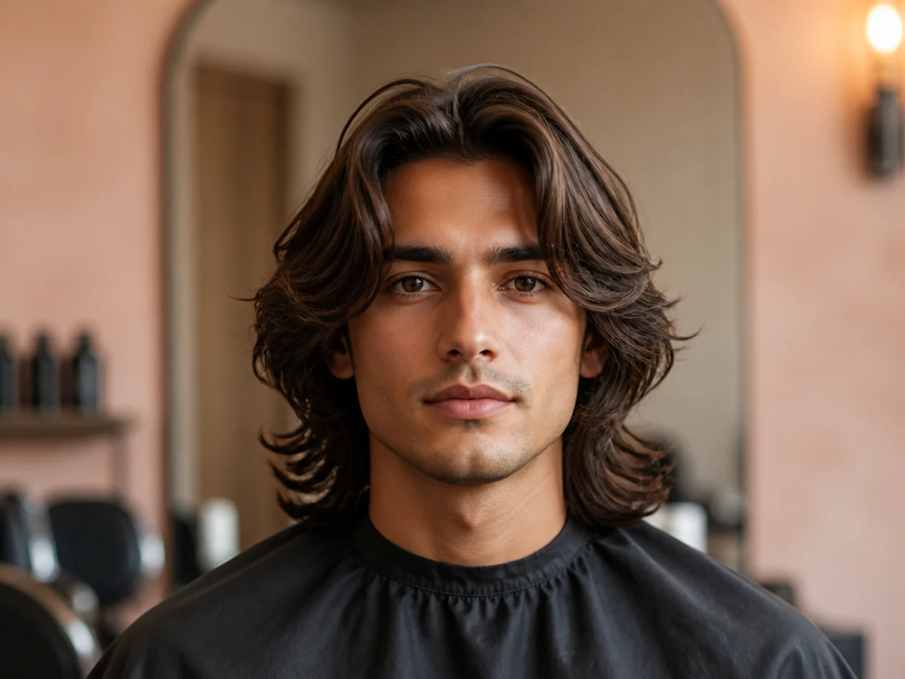 Young man with long wavy sandy-brown hair styled in a classic Kennedy-cousin wave with clean perimeter and subtle side sweep