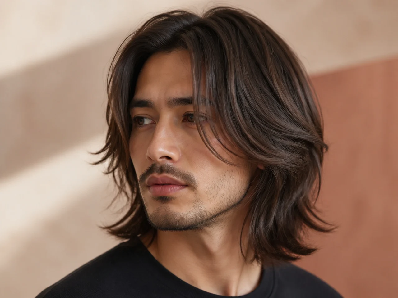 Young man with long layered hair and a heavy textured fringe falling past the eyebrows to mid-nose