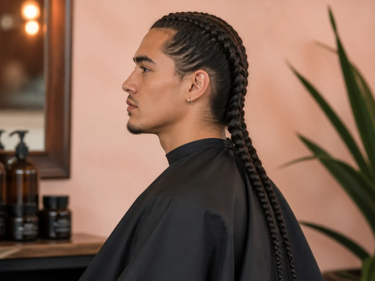 Young man with long hair styled into two even twin braids running down the back, side profile view
