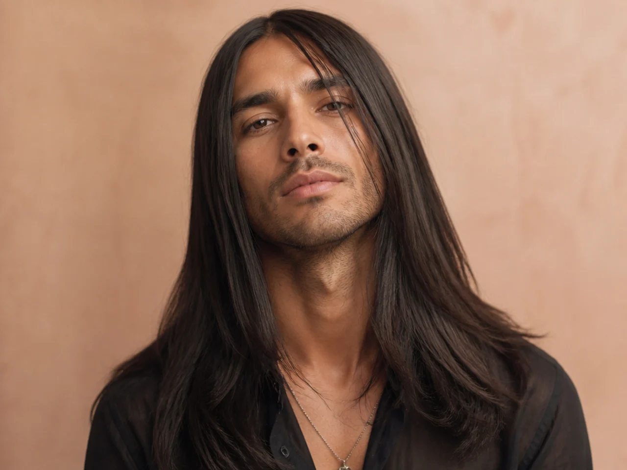 Young man with long pin-straight dark hair falling past the shoulders with a soft center part and blunt ends