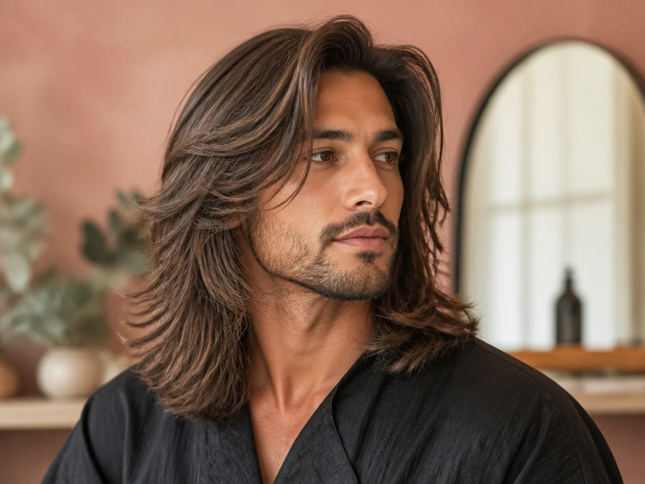 Young man with long dark hair in a textured piecey blowout with visible movement and separation between pieces