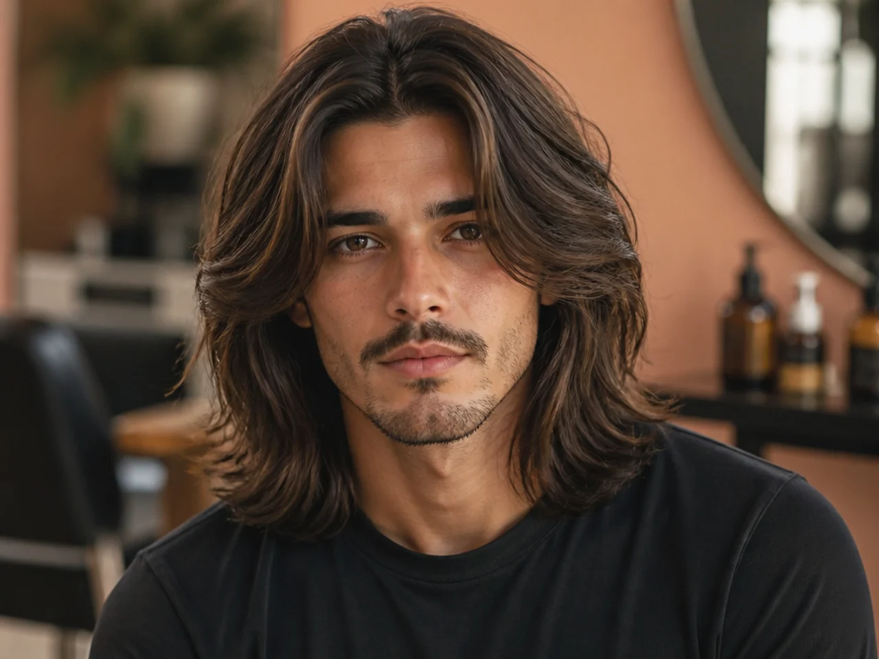 Young man with long hair in a clean center part styled with pronounced lift at the roots on both sides