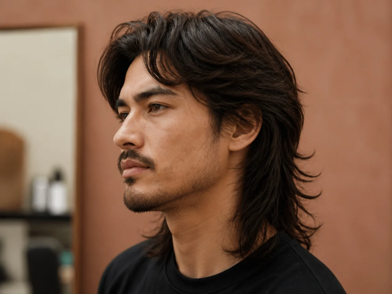 Young man with a long grown-out mullet with shorter layered top and dramatically longer back reaching mid-back
