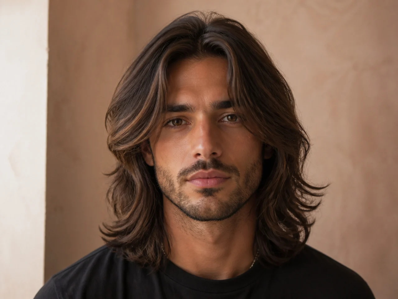 Young man with long straight brown hair in a clean middle part with equal curtains framing the face