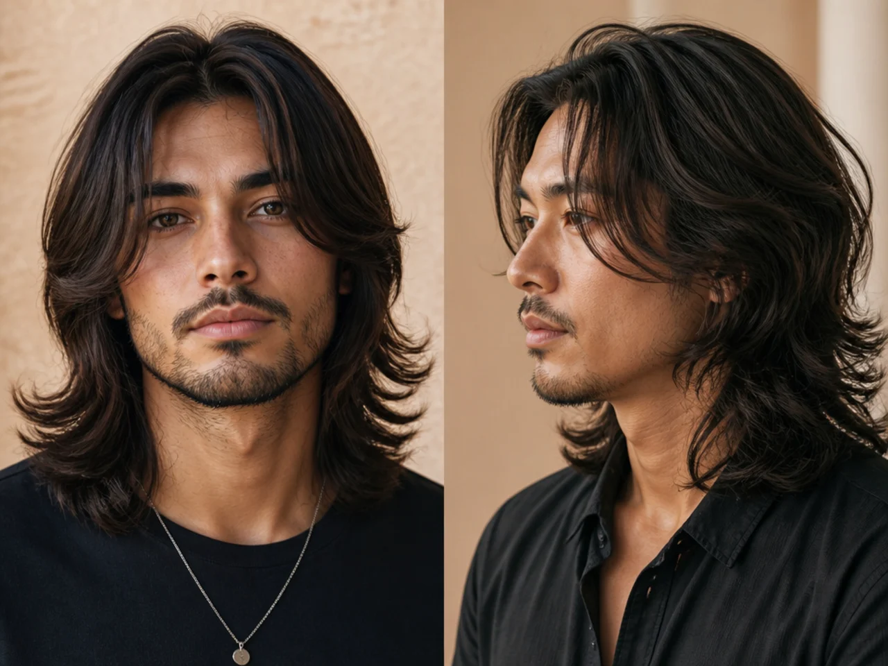 Young man with long hair featuring shorter face-framing layers at the cheekbones and jaw, longer bulk at the back