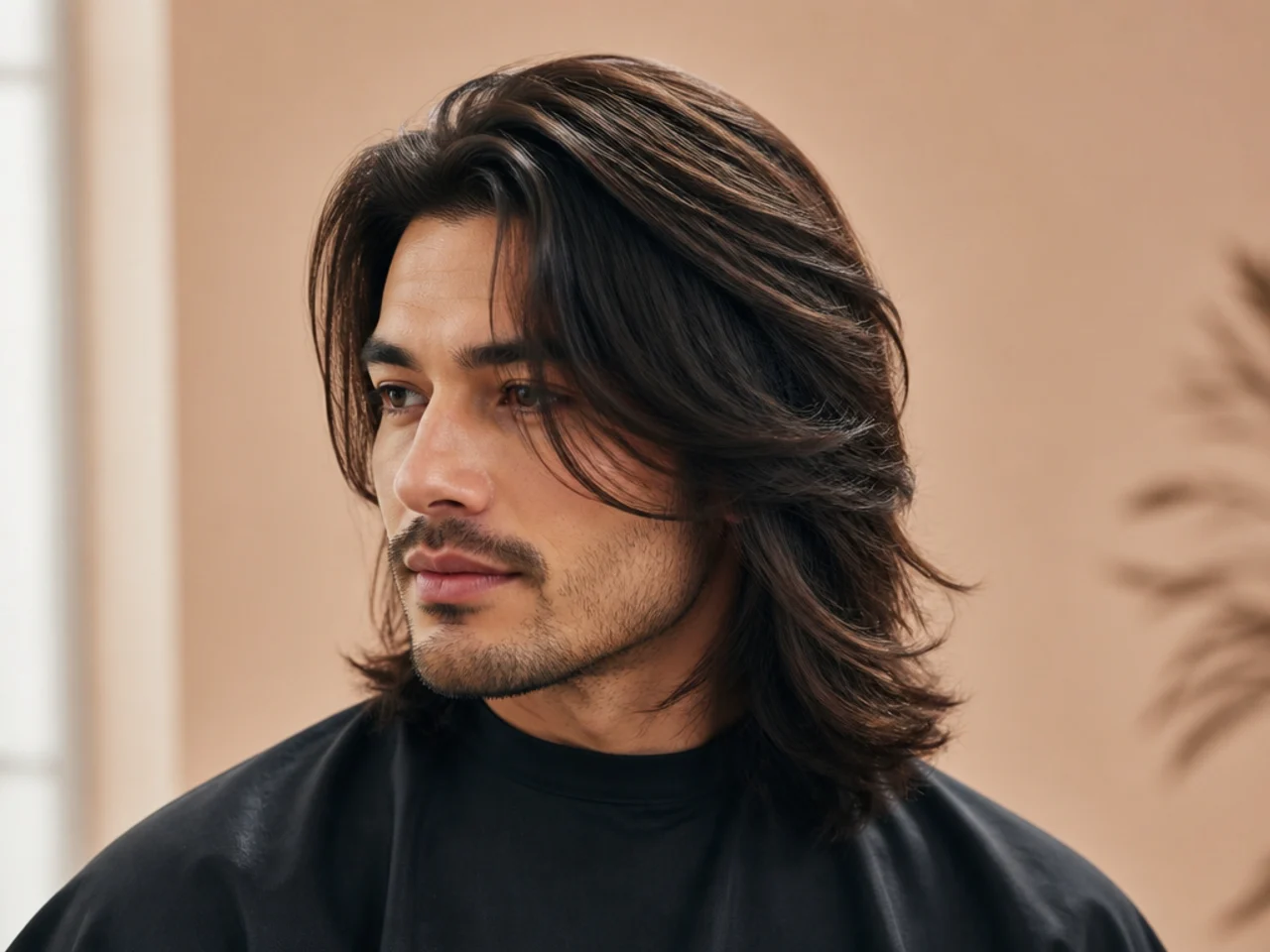 Young man with shoulder-length dark brown layered hair swept to one side with visible mid-shaft layers