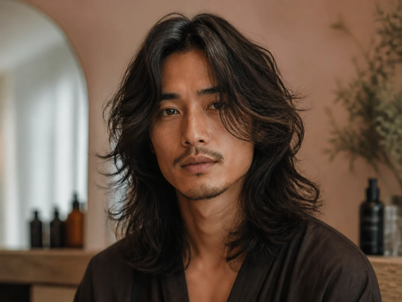 Young man with long wavy hair in a shaggy wolf cut with heavy piecey layers and a curtain fringe at cheekbones