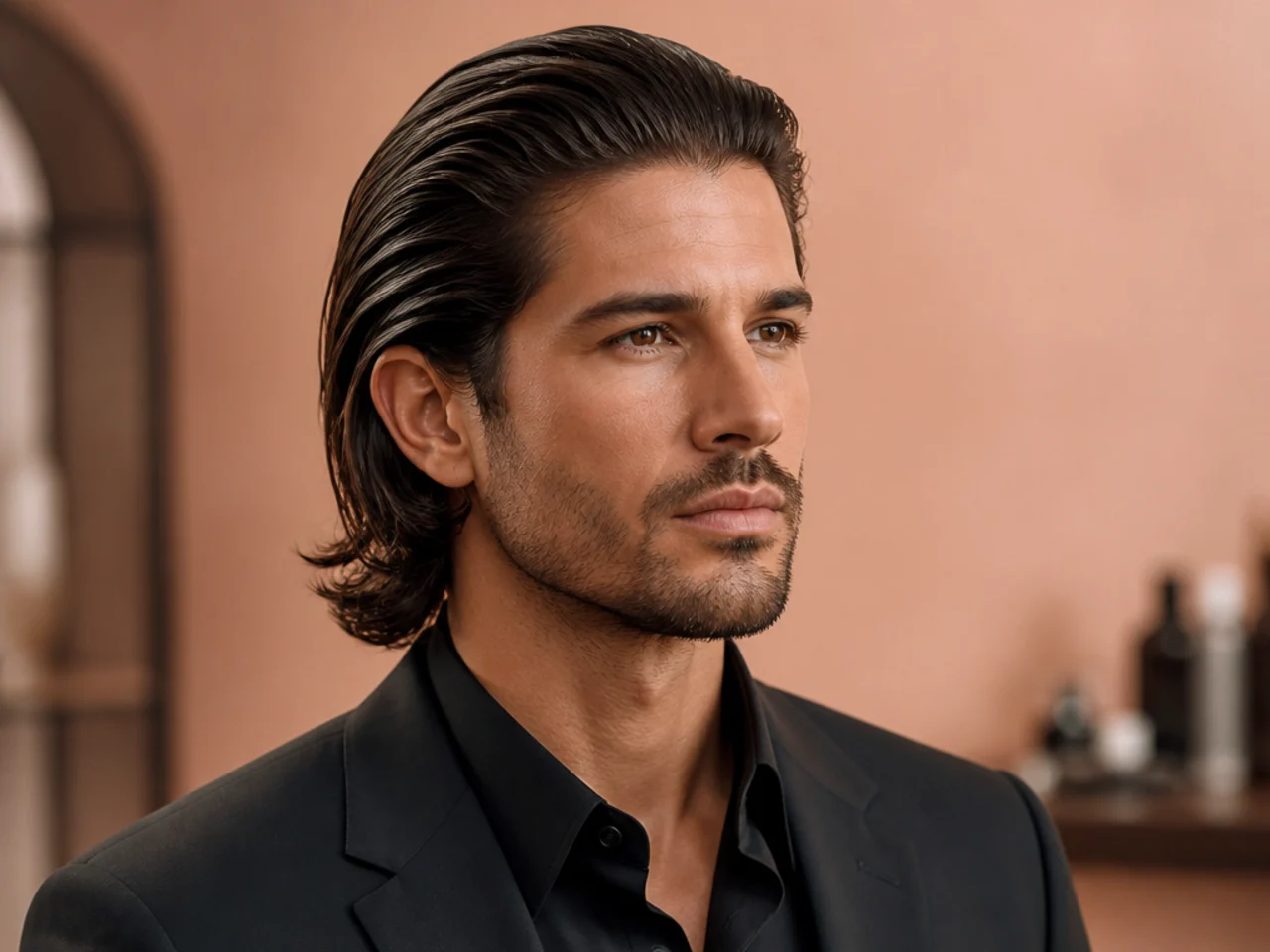 Young man with long dark hair slicked straight back off the forehead with pomade shine and clean tucked sides