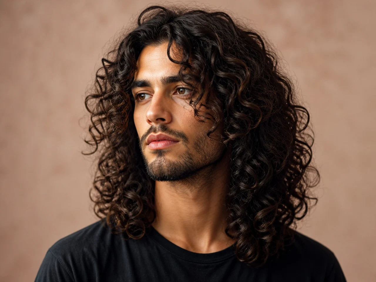 Young man with long curly brown hair swept back off the forehead in a defined halo shape with S-curls throughout