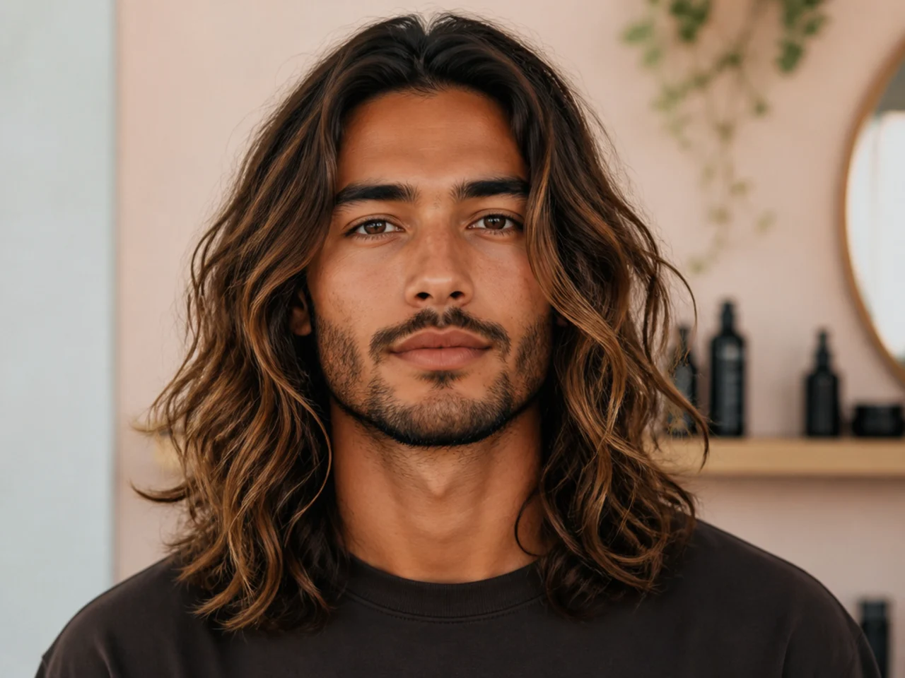 Young man with long wavy sun-lightened brown hair falling forward past the eyebrows in surfer style