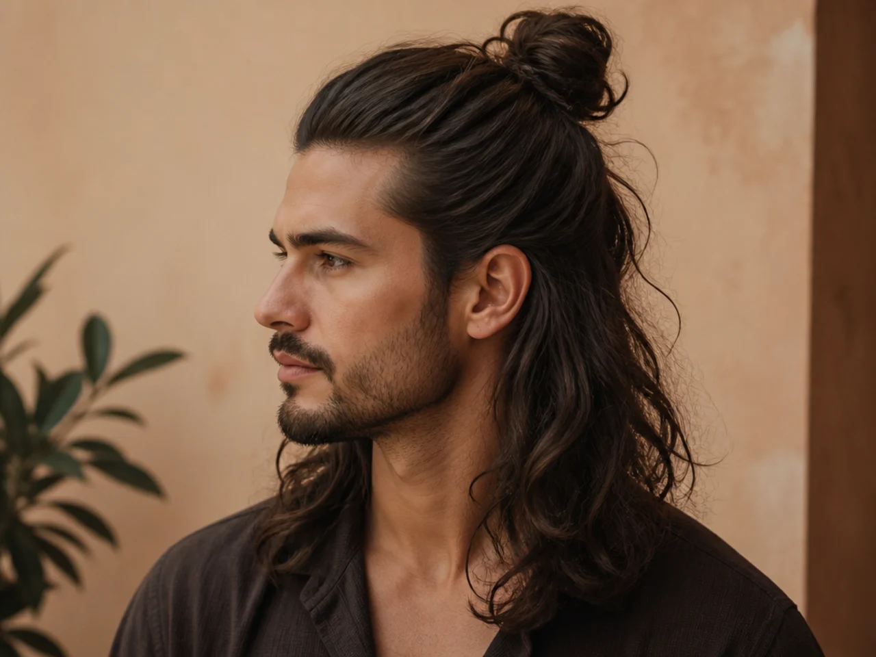 Young man with long dark hair in a half-up man bun with the bottom half falling loose over the shoulders