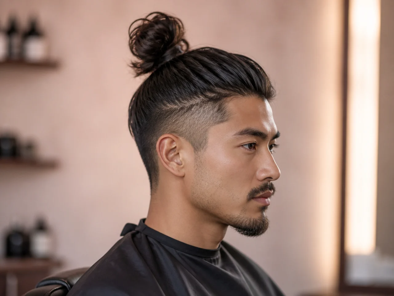 Young man with long hair pulled into a tight, tidy full top-knot high on the crown, clean pulled-back sides